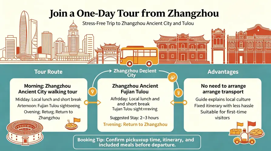 If you don’t want to worry about transportation and itinerary planning, you can join a day tour from Zhangzhou.